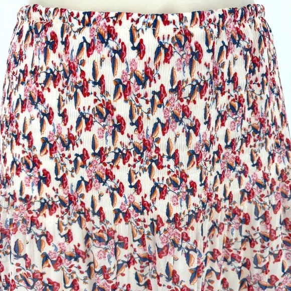 Max Studio Floral Smocked Midi Skirt Cream Red Blue Boho Sz L - Picture 4 of 6